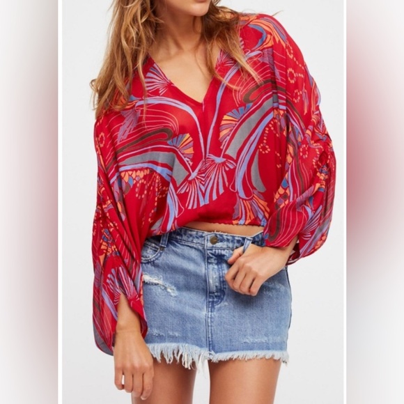 Free People Tops - Free People - Beneath The Sea Red Boho V Neck Lightweight Blouse Size XS